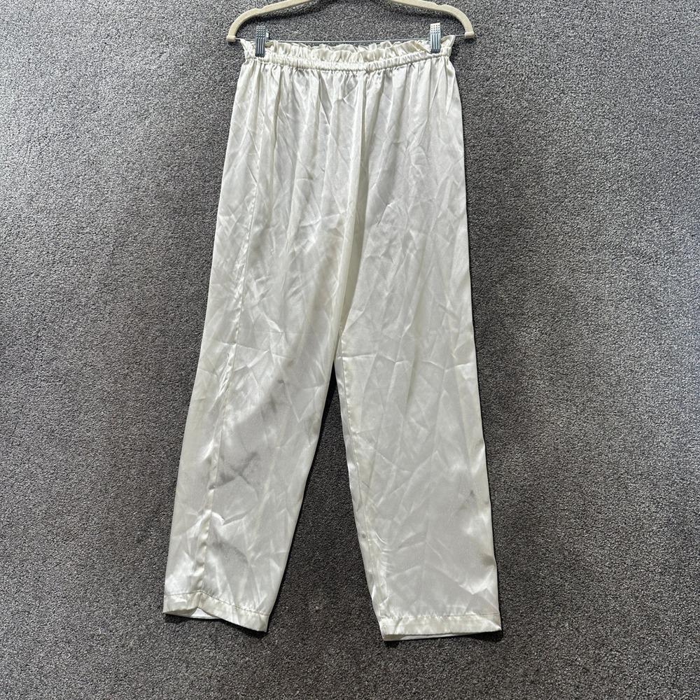 Erika Taylor Intimates Cream Satin Pajama Pants Small Ivory Ruffle Waist Sleep